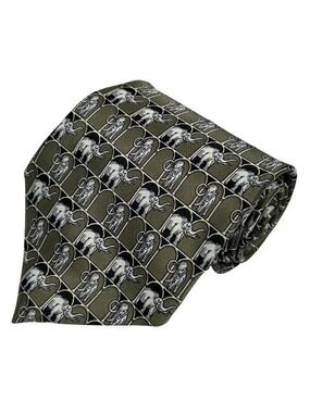 Rene Chagal Men's Olive Green Black Elephant 100% Silk Necktie Tie